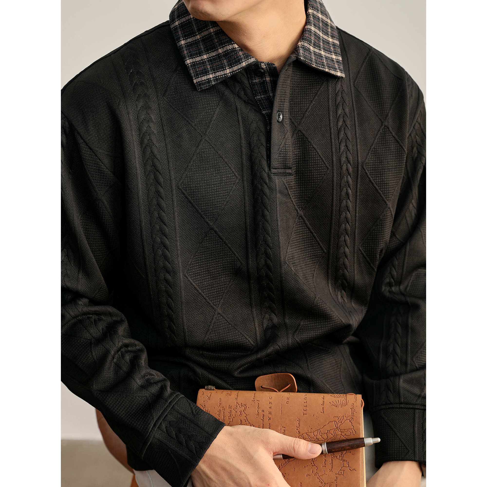 LUUD 重磅300g复古英伦撞色拼接针织POLO衫菱形提花长袖毛衣男士