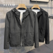 LUUD 潮酷外穿拉链黑色薄风衣夹克 外套春秋韩版 男士 纯色连帽修身