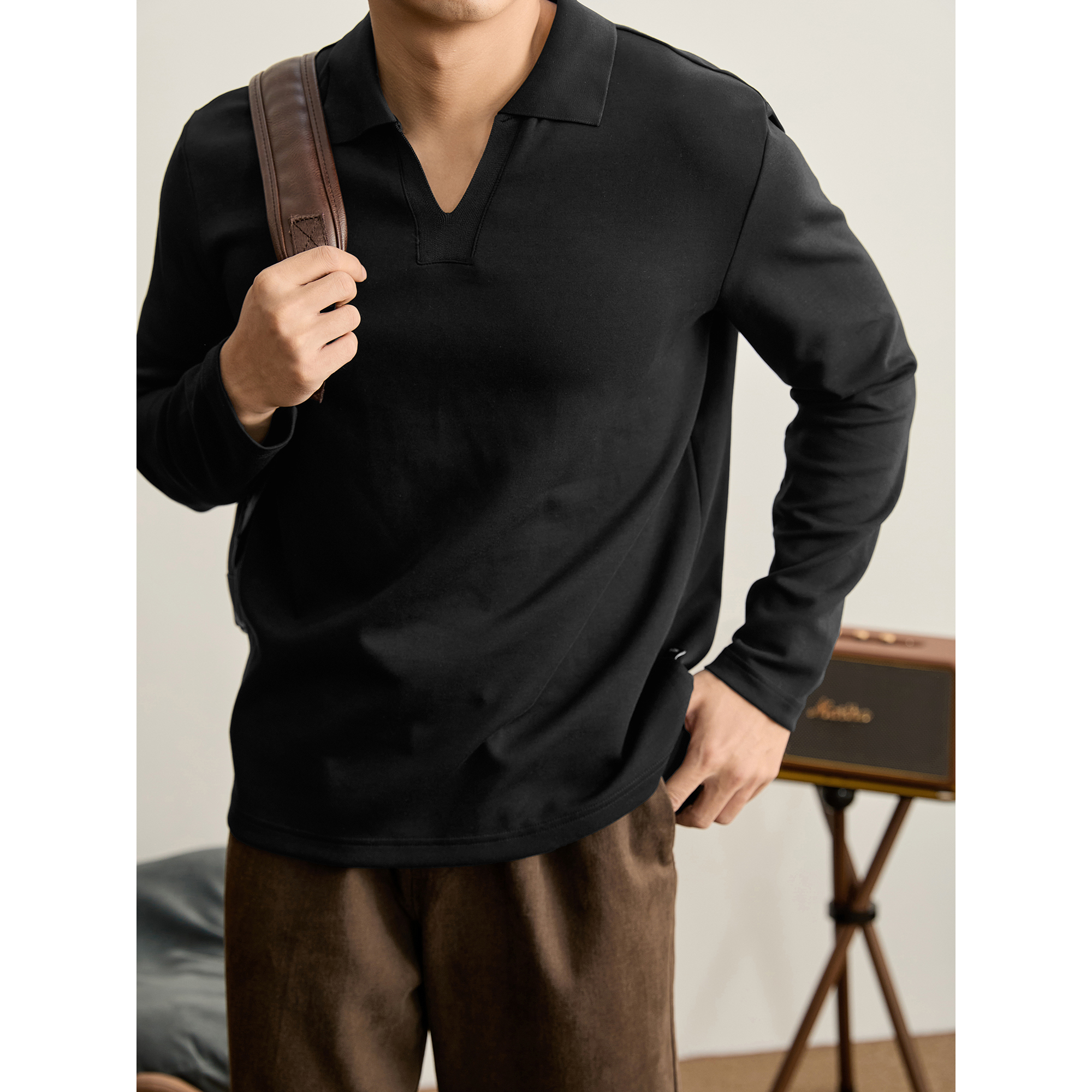 LUUD 纯色百搭男士POLO衫长袖秋季时尚潮奢水洗棉V型口海鸥领卫衣