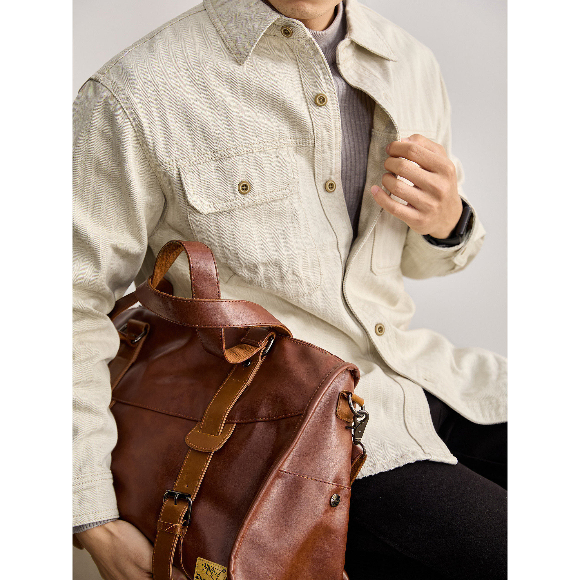 LUUD 水洗白牛工装风翻领牛仔衬衫男早春100%纯棉双口袋衬衣外套