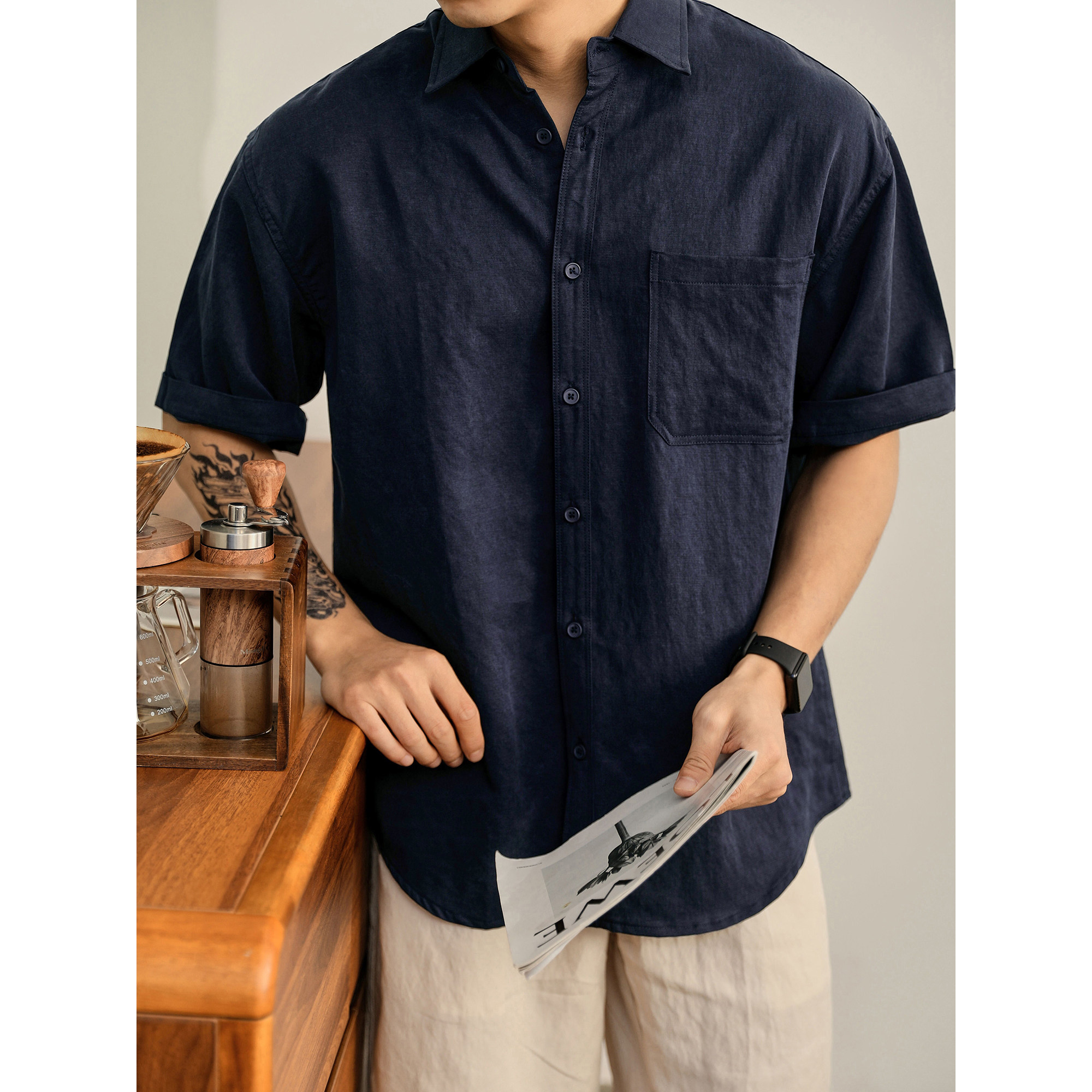 LUUD 轻奢休闲男士衬衫夏季简约通勤胸口贴袋短袖亲肤莱赛尔寸衣