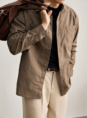 LUUD 复古怀旧风抗皱免烫翻领寸衣外套单贴袋设计撞色格子衬衫男