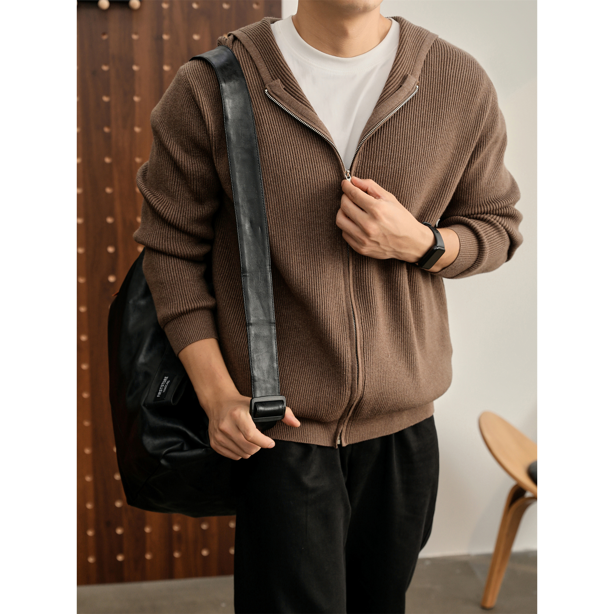 LUUD 美式简约秋冬慵懒cleanfit拉链连帽毛衣男秋冬针织开衫外套