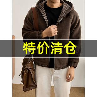 磨毛外套格纹撞色内里连帽毛呢夹克 冬季 特价 保暖绵羊毛混纺男士