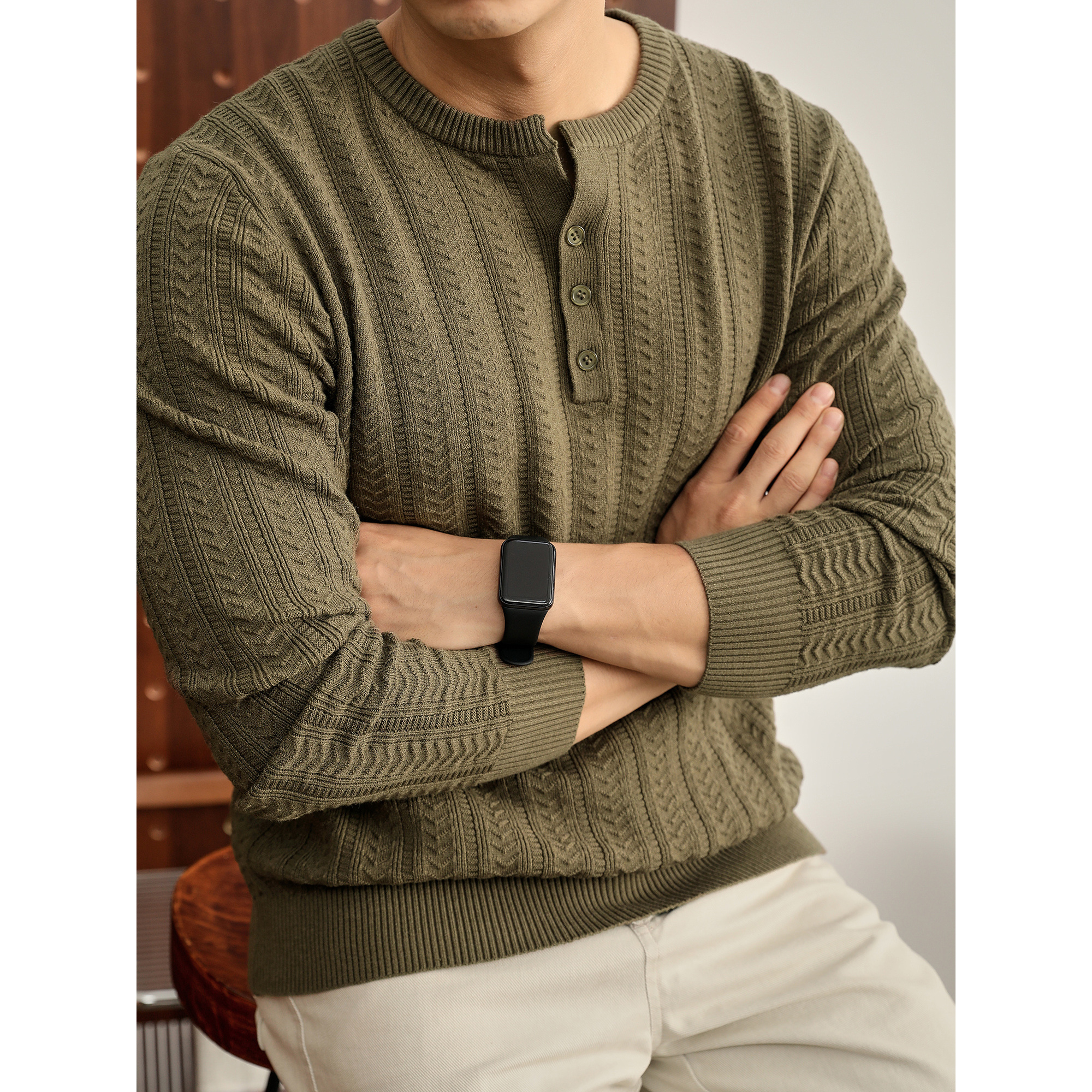 LUUD 意式矜贵绿色罗纹收口针织衫人形字提花纹理亨利领休闲毛衣