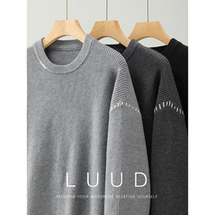 LUUD 潮 男冬厚实保暖重磅660套头毛衣异色手工缝线撞色圆领针织衫