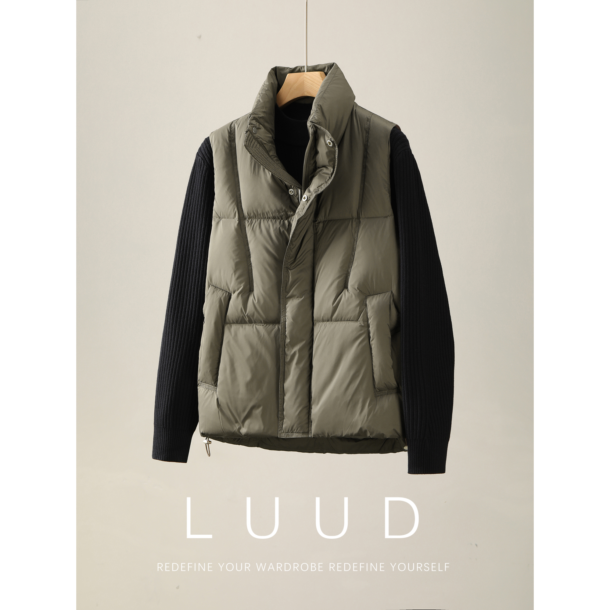 LUUD 白鸭绒保暖叠穿外套冬季运动潮牌双门襟立领羽绒马甲男女款