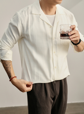 LUUD 白色亚麻古巴领衬衫男春季再生素纤维单贴袋垂坠感长袖衬衣