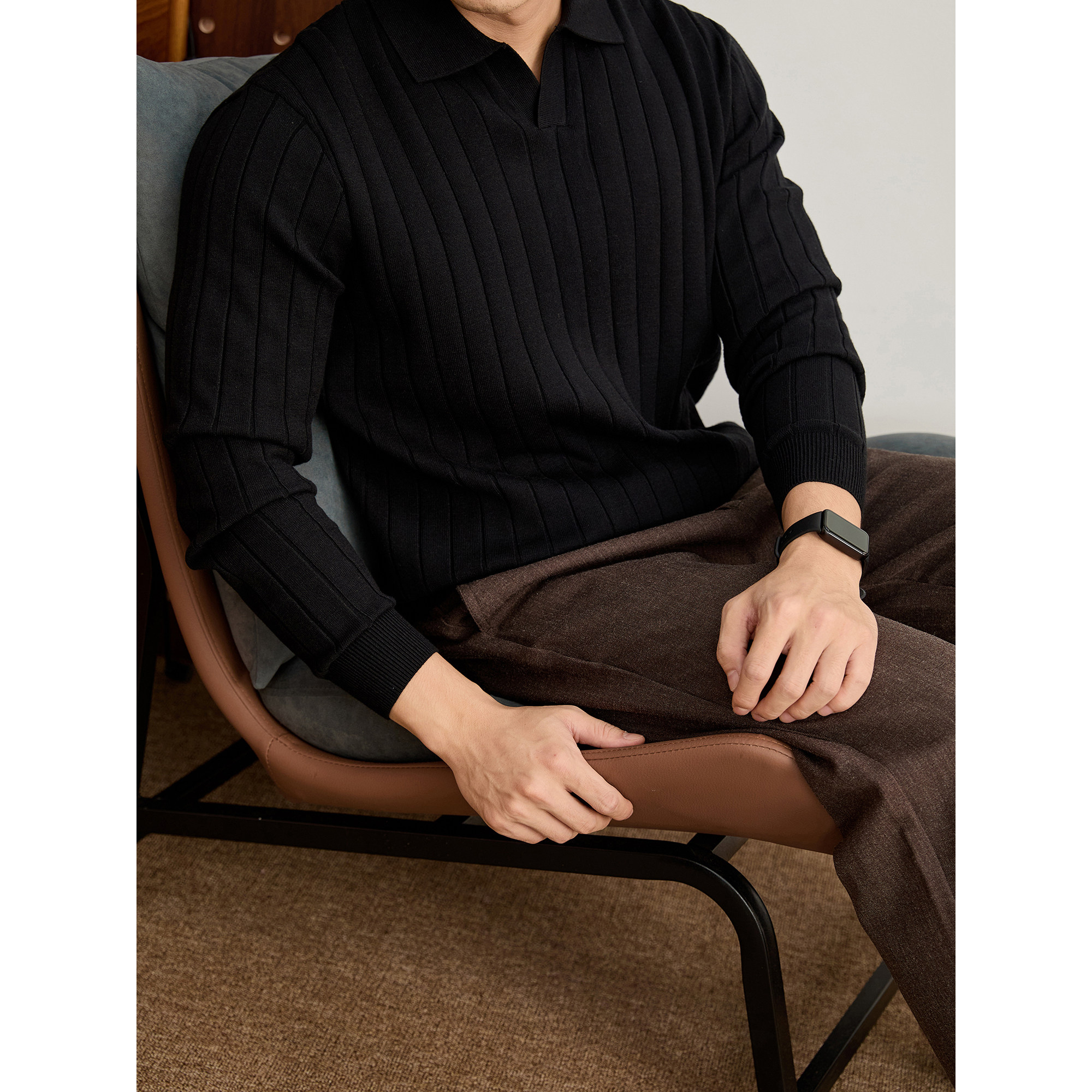 LUUD 高级感黑色海鸥领针织衫坑条竖纹肌理感奢华品质POLO衫上衣,男装,针织衫/毛衣,淘宝优惠券,粉丝福利购,淘宝优惠卷