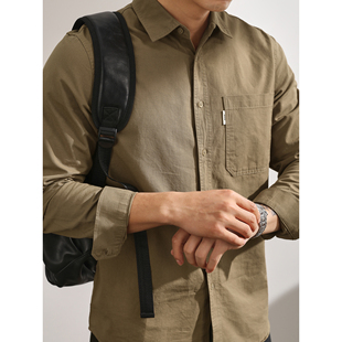 LUUD 男士复古工装风单口袋翻领长袖衬衫简约洗水纯棉修身小衬衣