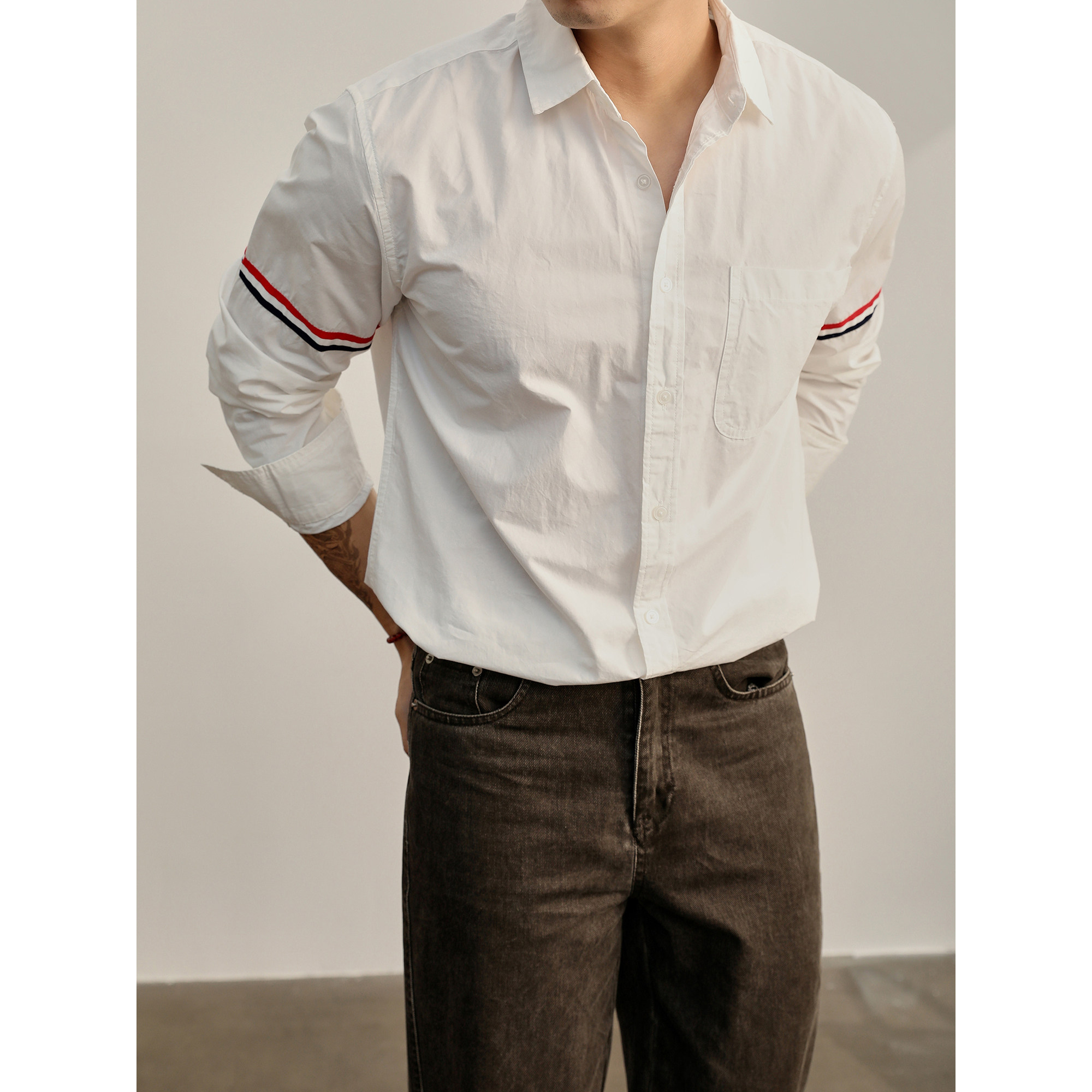 LUUD 黑白红条杠拼接纯棉翻领衬衫男士秋季单胸贴袋都市休闲衬衣,男装,衬衫,淘宝优惠券,粉丝福利购,淘宝优惠卷