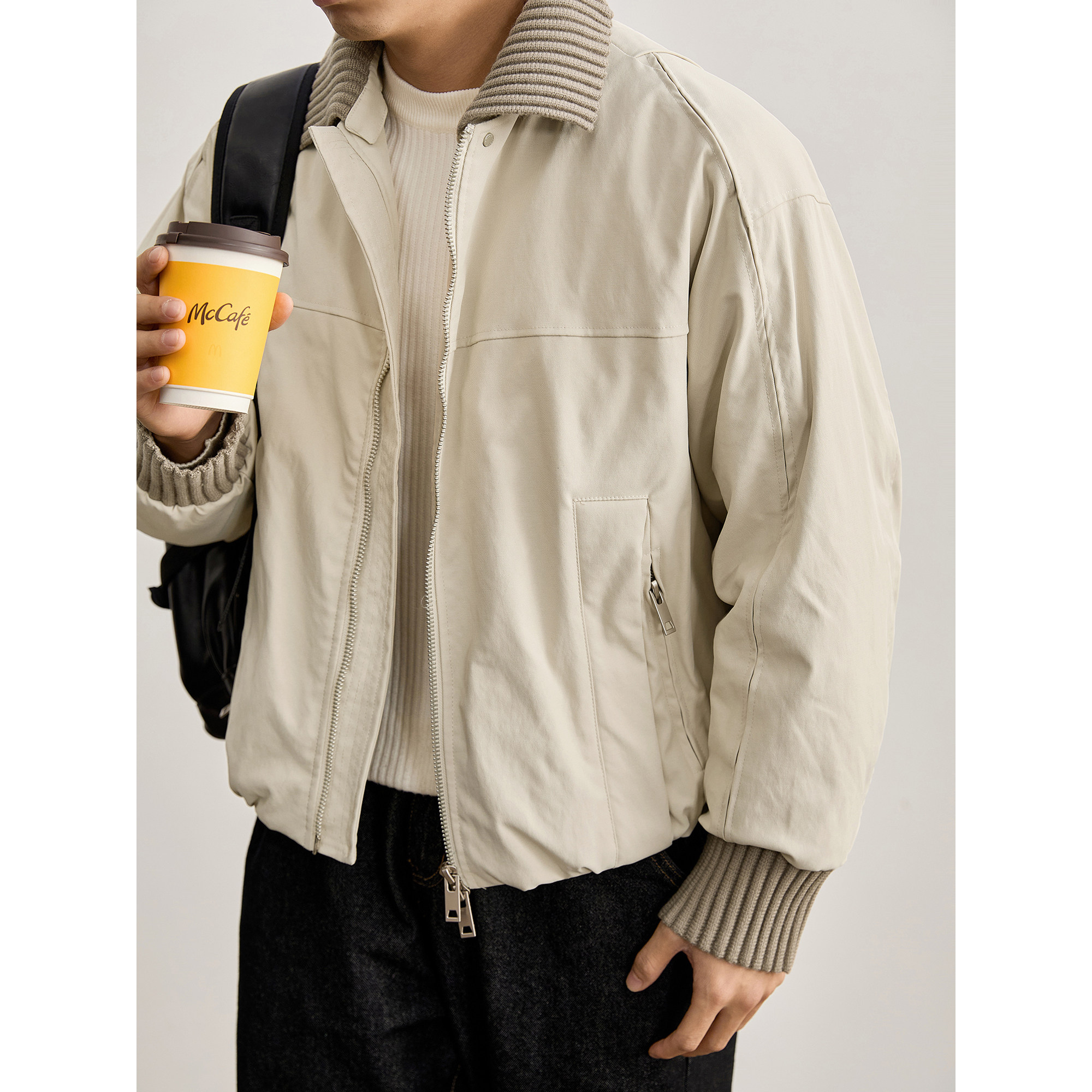 LUUD 拼色巴恩风针织罗纹拼接90白鸭绒羽绒服男冬保暖双拉链外套