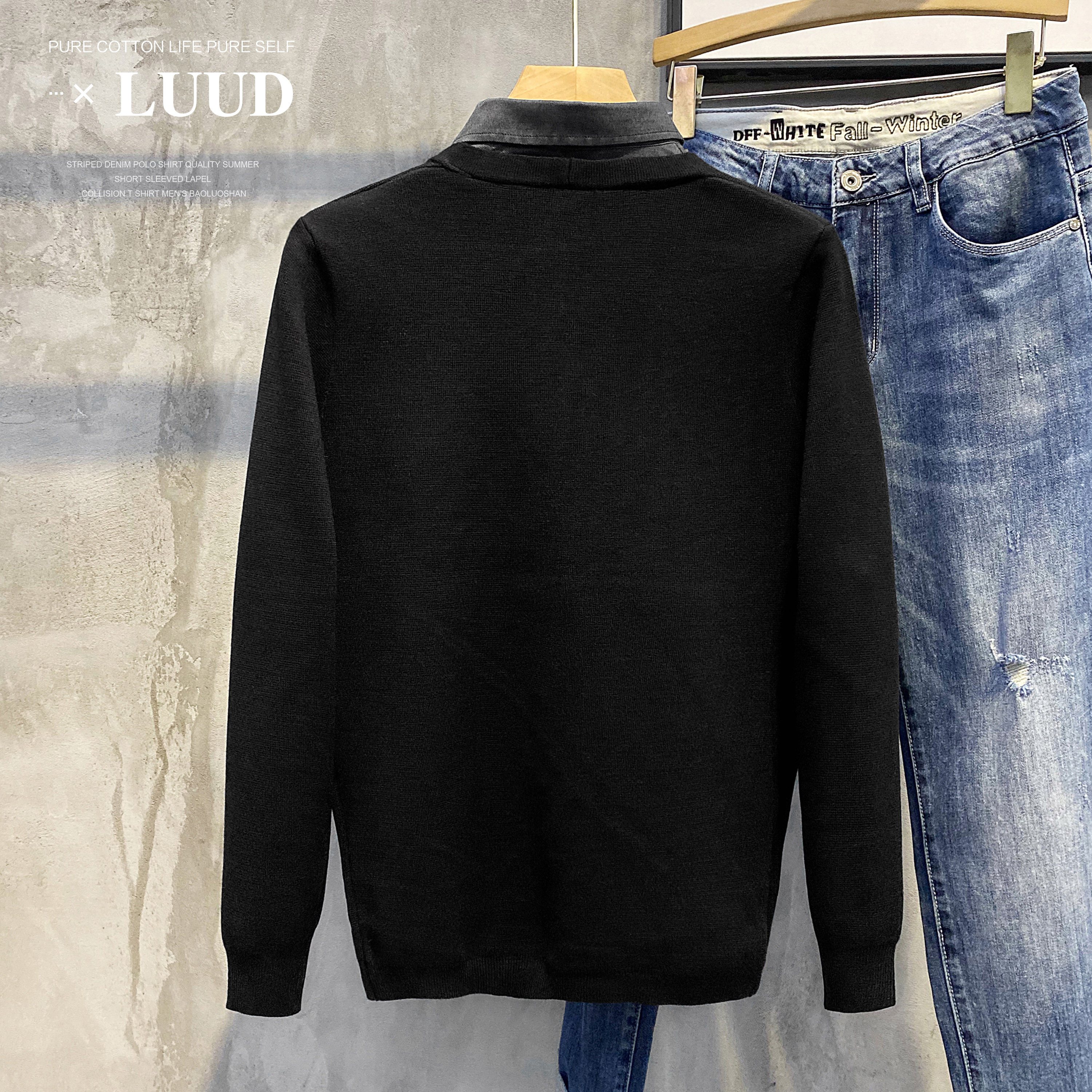 LUUD 트렌디한 남성용 페이크 투피스 캐주얼 니트 가디건 패셔너블한 라펠 패치워크 브리티시 탑 슬림 셔츠와 스웨터