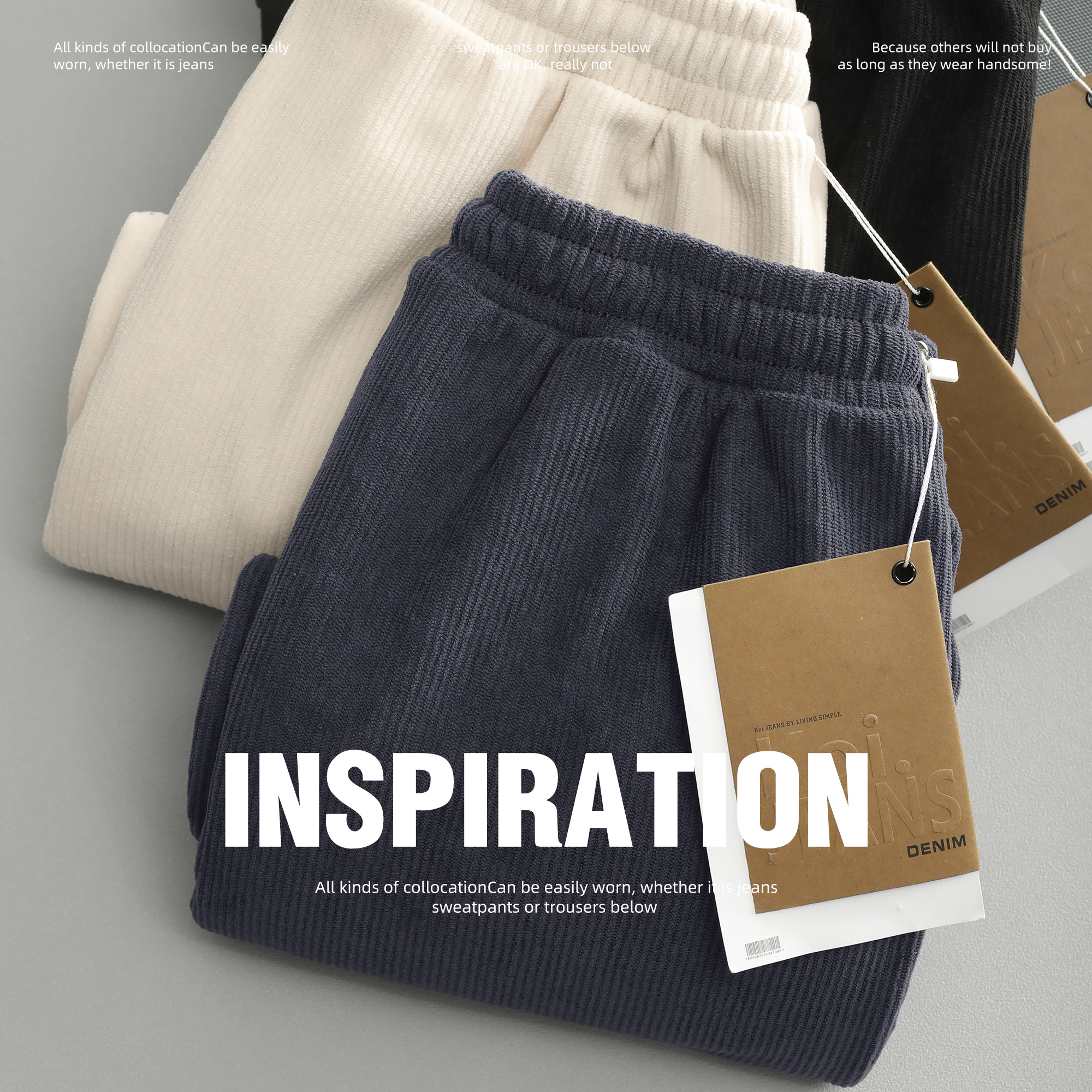 LUUD 灯芯绒坑条休闲裤男冬季加绒宽松直筒裤加厚保暖运动风长裤