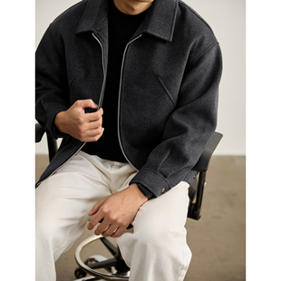 LUUD 含绵羊毛老钱风翻领毛呢外套立体分割金属纽扣哈灵顿夹克男