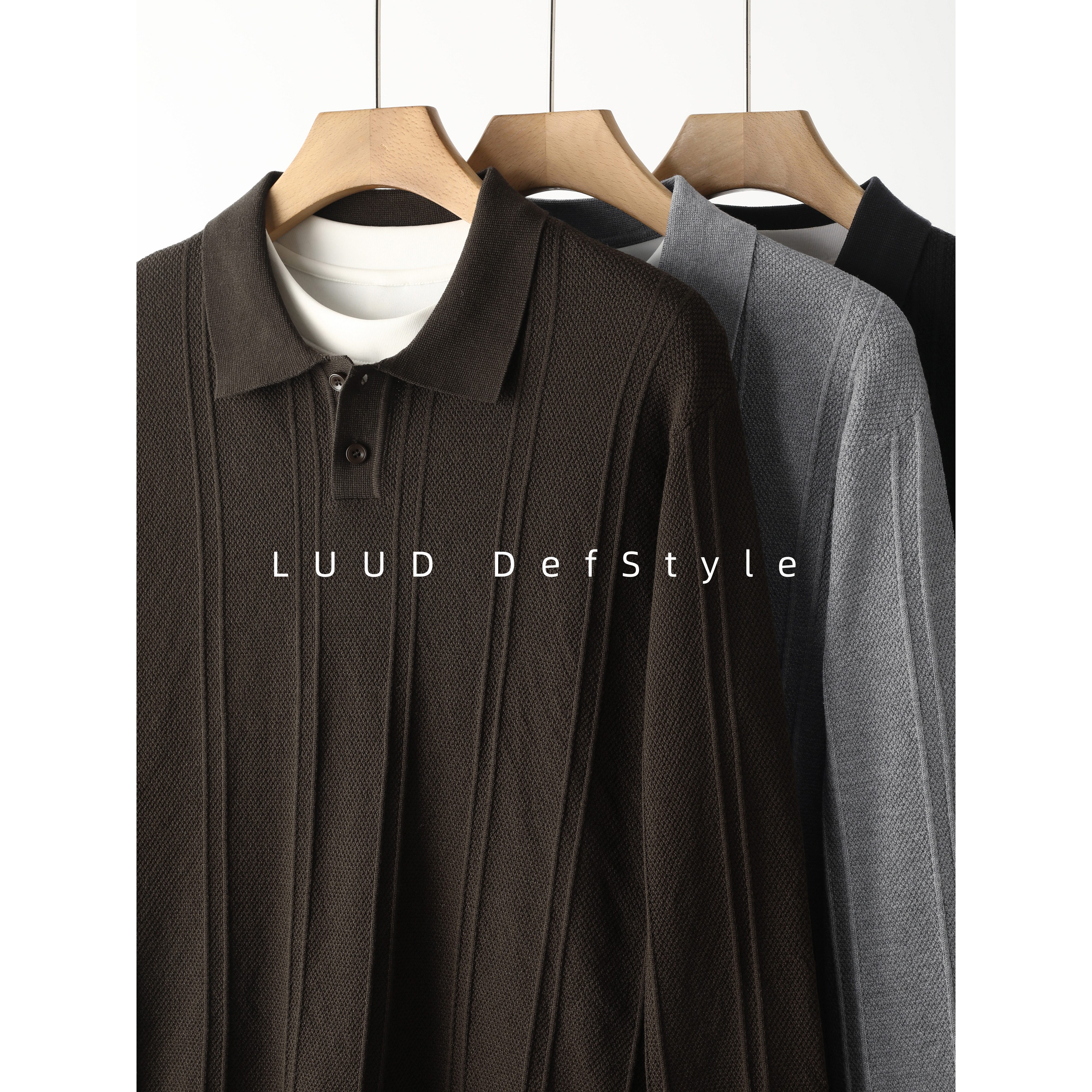 LUUD 老钱风纯色翻领POLO衫长袖男立体竖条菠萝针肌理透气针织衫