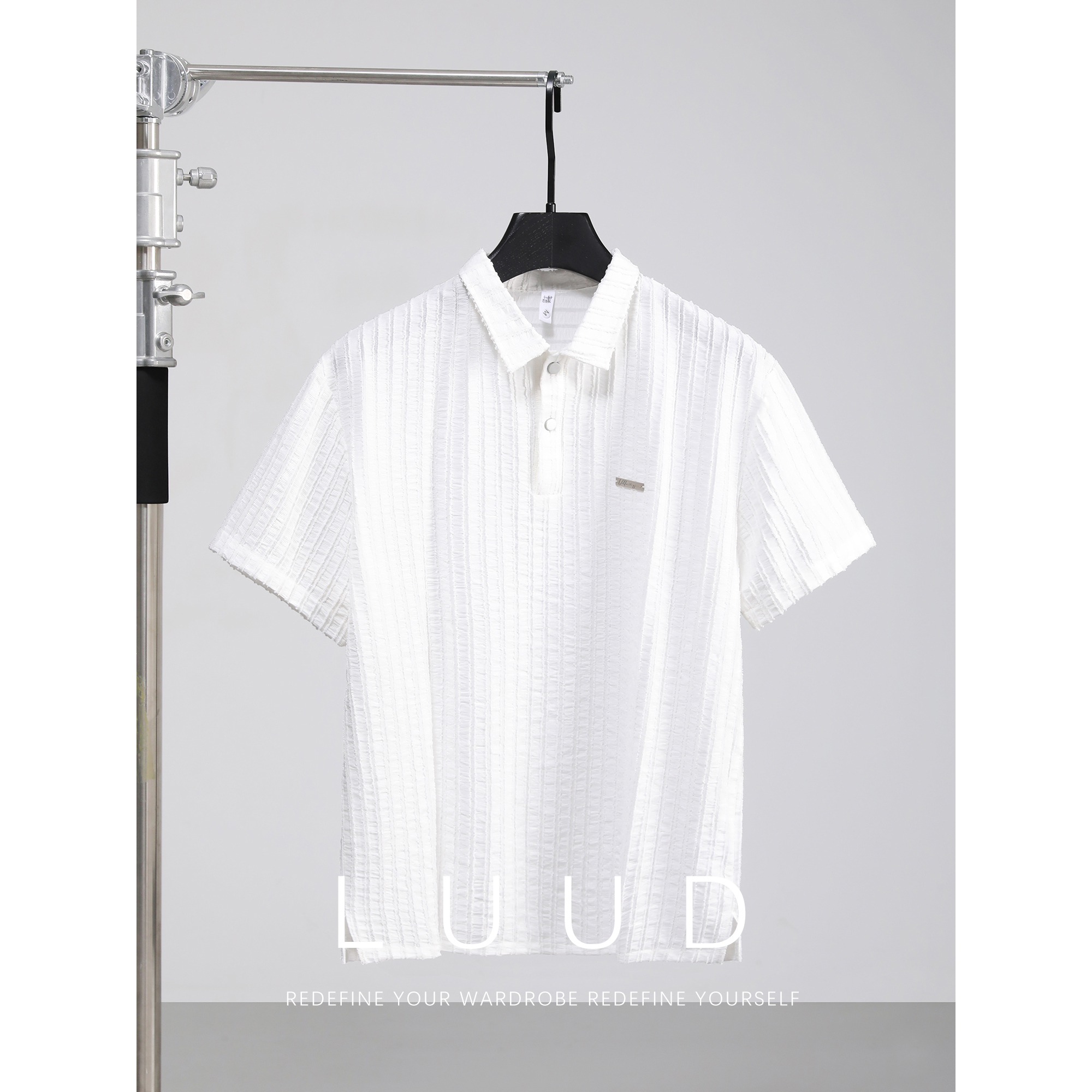 LUUD 慵懒文艺男士竖条纹勾花肌理金属小装饰宽松翻领短袖POLO衫