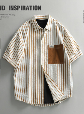 LUUD 夏装休闲翻领短袖衬衫潮流休闲美式痞帅上衣男叠穿外搭衬衣