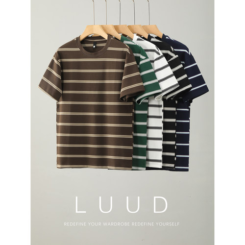 LUUD 男士夏季透气舒适休闲百搭圆领短袖简约撞色条纹套头上衣T恤