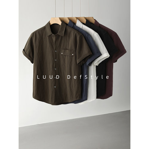 LUUD 静奢极简风定制金属纽扣短袖衬衫男夏宽松微阔纯色翻领衬衣