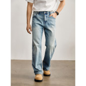 男 异色刺绣小标签做旧直筒休闲裤 LUUD 渐变水洗猫须纹理牛仔长裤