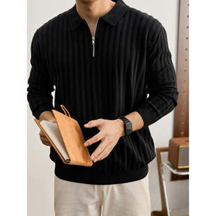秋冬坑条肌理半拉链POLO衫 翻领针织衫 毛衣 雅奢痞帅黑色男士 LUUD