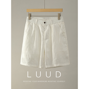 日系简约半松紧腰五分裤 LUUD 老钱风垂感直筒双褶100%纯亚麻短裤