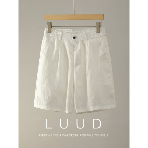 LUUD 老钱风垂感直筒双褶100%纯亚麻短裤日系简约半松紧腰五分裤
