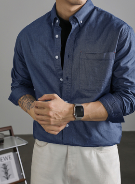 LUUD 纯棉水洗深蓝色衬衫男长袖潮流百搭高级感衬衣叠穿休闲外套