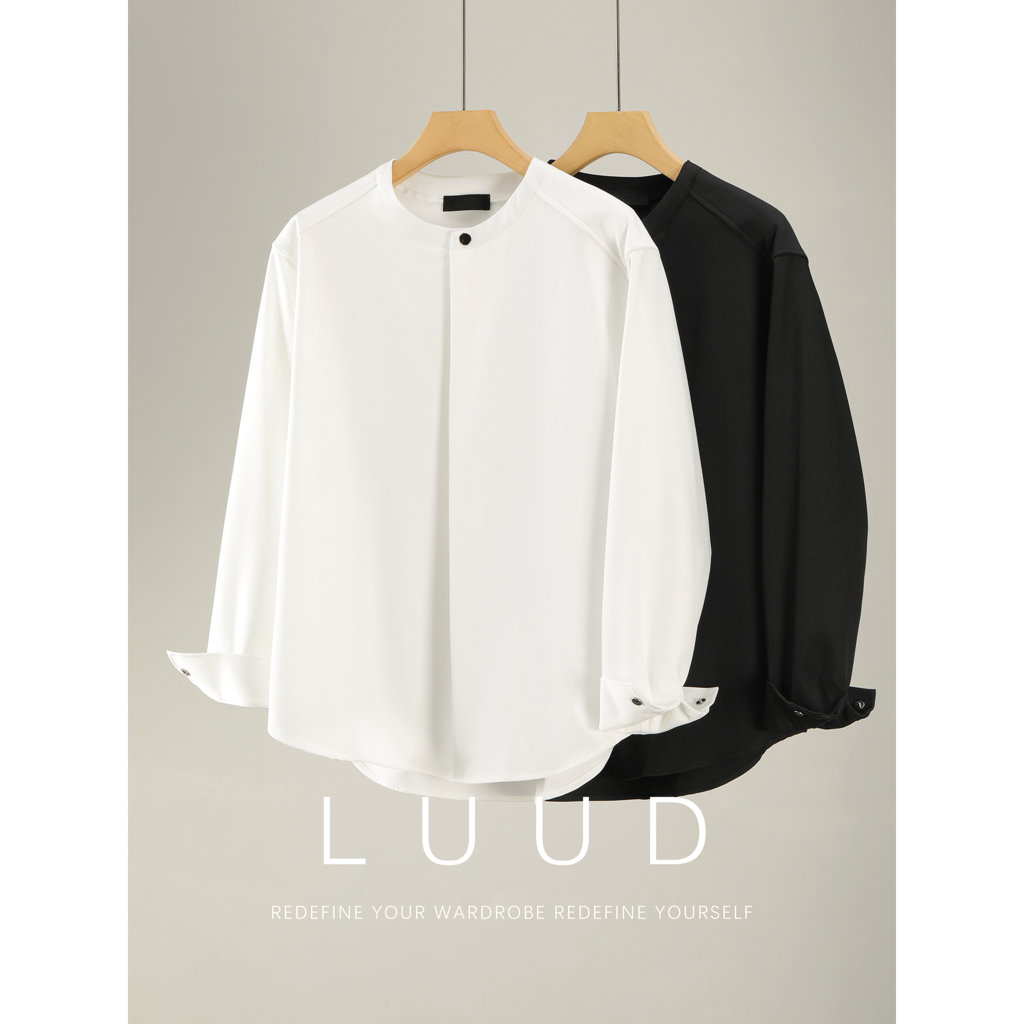 LUUD 新中式折叠领口垂感抗皱免烫长袖衬衫男极简慵懒风纯色衬衣