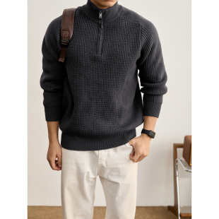 华夫格肌理感针织衫 LUUD 重磅810g慵懒风半拉链立领毛衣男秋冬季