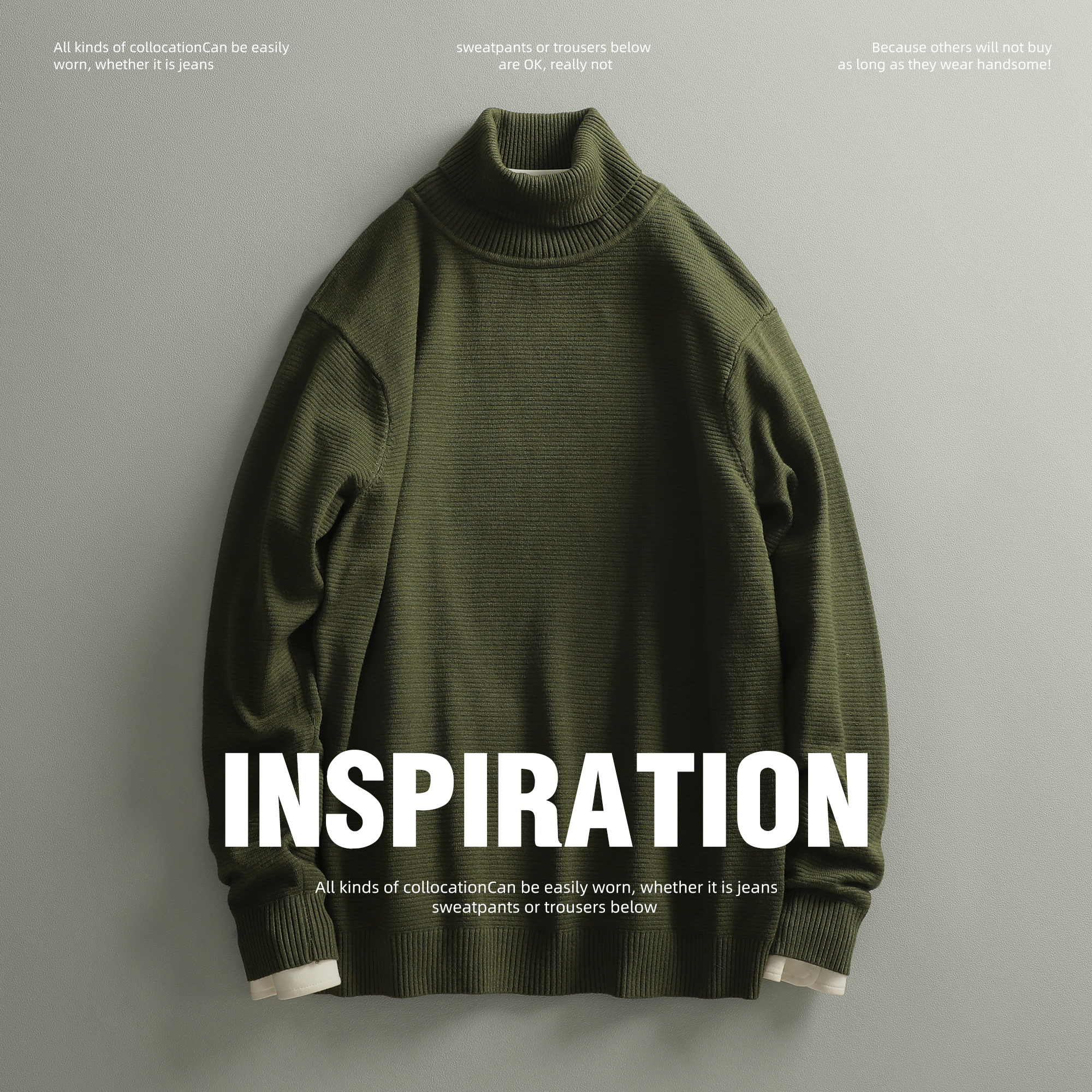 LUUD 坑条罗纹纯色针织衫男士可翻高领内搭打底上衣潮流套头毛衣