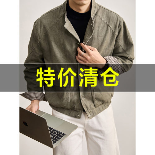 特价 纯棉水洗工装大贴袋短宽牛仔外套内里撞色格纹立领夹克男士
