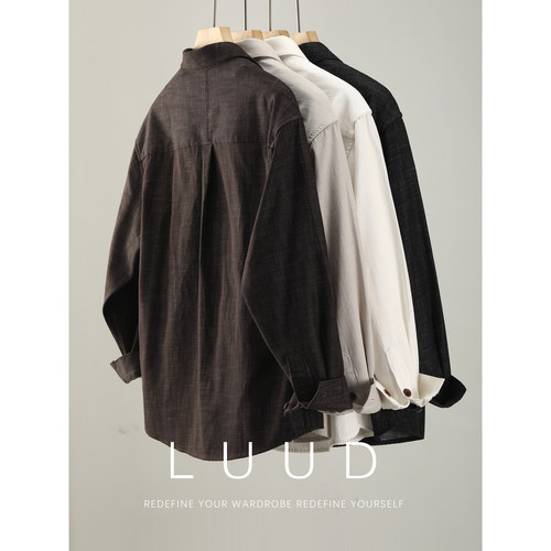 LUUD 老钱显贵风麻纹肌理感衬衫外套双贴袋设计300g男士翻领夹克