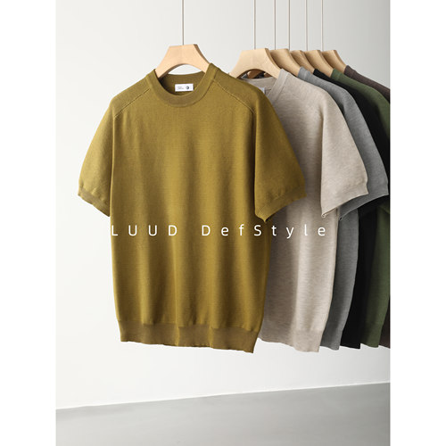 LUUD 绵羊毛桑蚕丝混纺针织T恤男夏立体横条肌理纯色罗纹圆领短袖