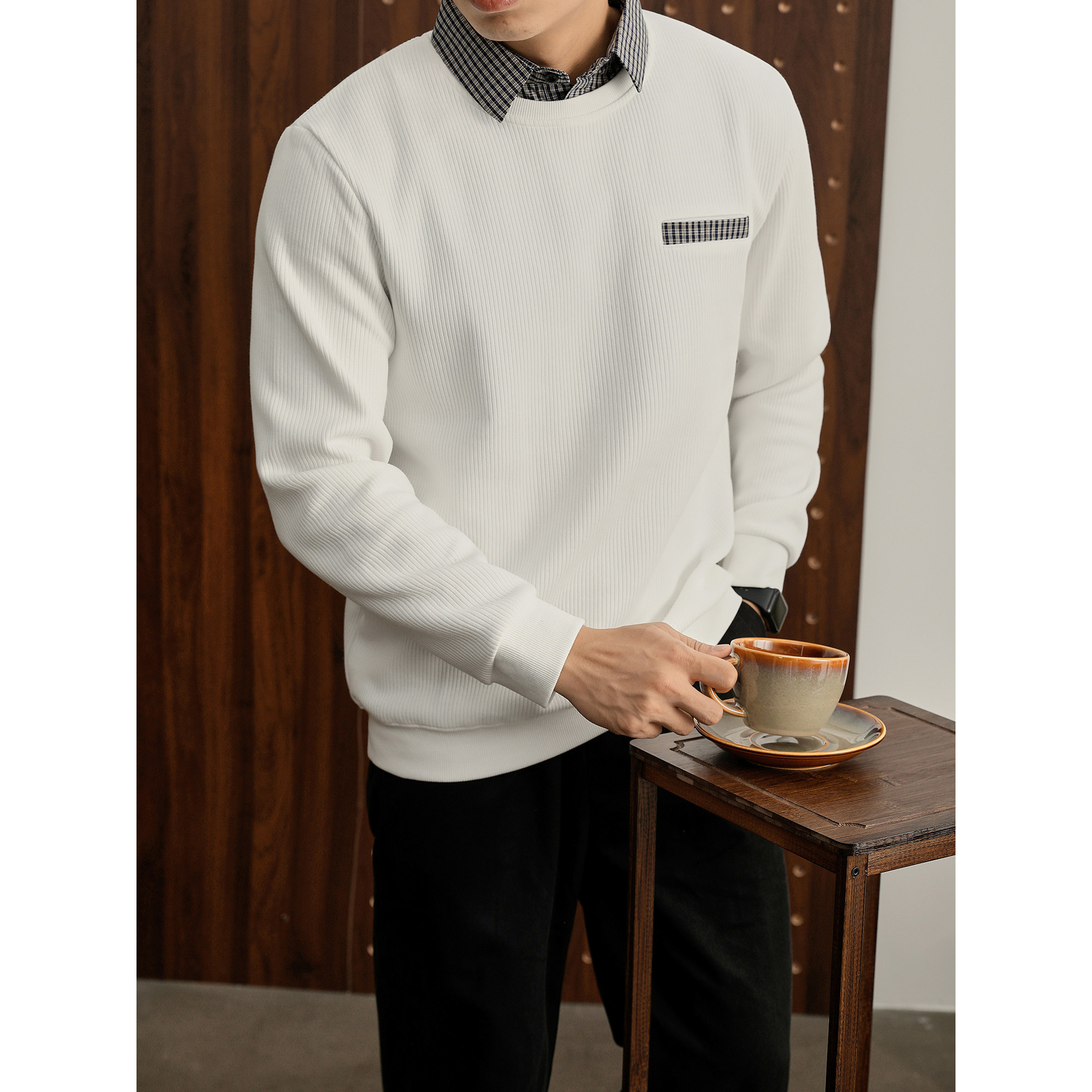 LUUD 坑条肌理假两件格纹衬衫领卫衣男拼接贴布休闲百搭针织上衣,男装,卫衣,淘宝优惠券,粉丝福利购,淘宝优惠卷