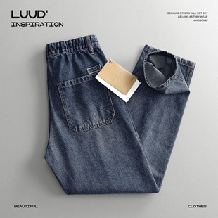 百搭休闲长裤 LUUD 子男秋冬复古直筒牛仔裤 高街vibe抽绳裤 子 美式