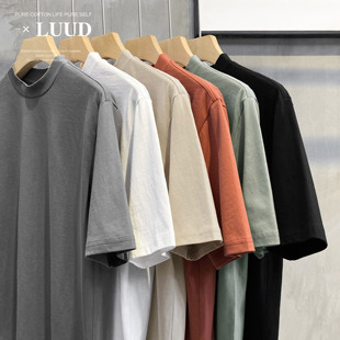 休闲落肩上衣潮男百搭半袖 小中领T恤纯色微阔宽松体恤衫 法式 LUUD