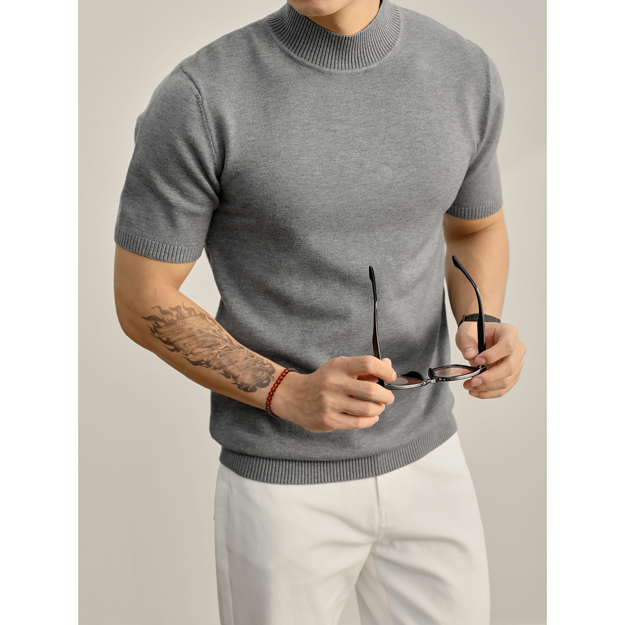 LUUD 莱赛尔天丝灰色半高领短袖毛衣简约绅士修身打底针织衫男款