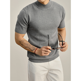LUUD 莱赛尔天丝灰色半高领短袖毛衣简约绅士修身打底针织衫男款
