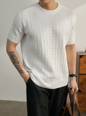 LUUD 麻绳编织纹理针织短袖男夏日轻奢休闲白色圆领T恤含羊毛上衣