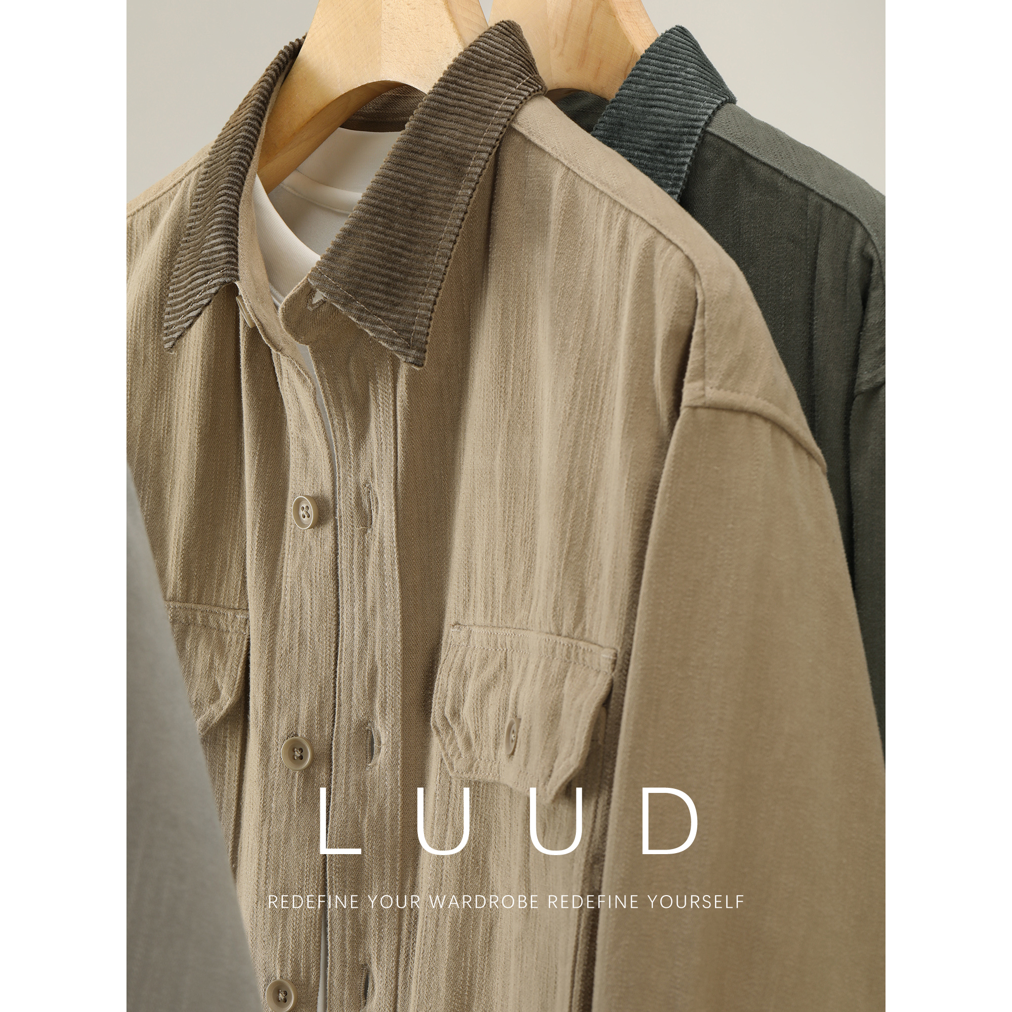 LUUD 克重280g水洗纯棉阔版长袖衬衣磨毛灯芯绒拼接翻领衬衫男款