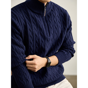 LUUD 重磅绞花肌理厚实保暖针织衫男冬季都市休闲半拉链立领毛衣