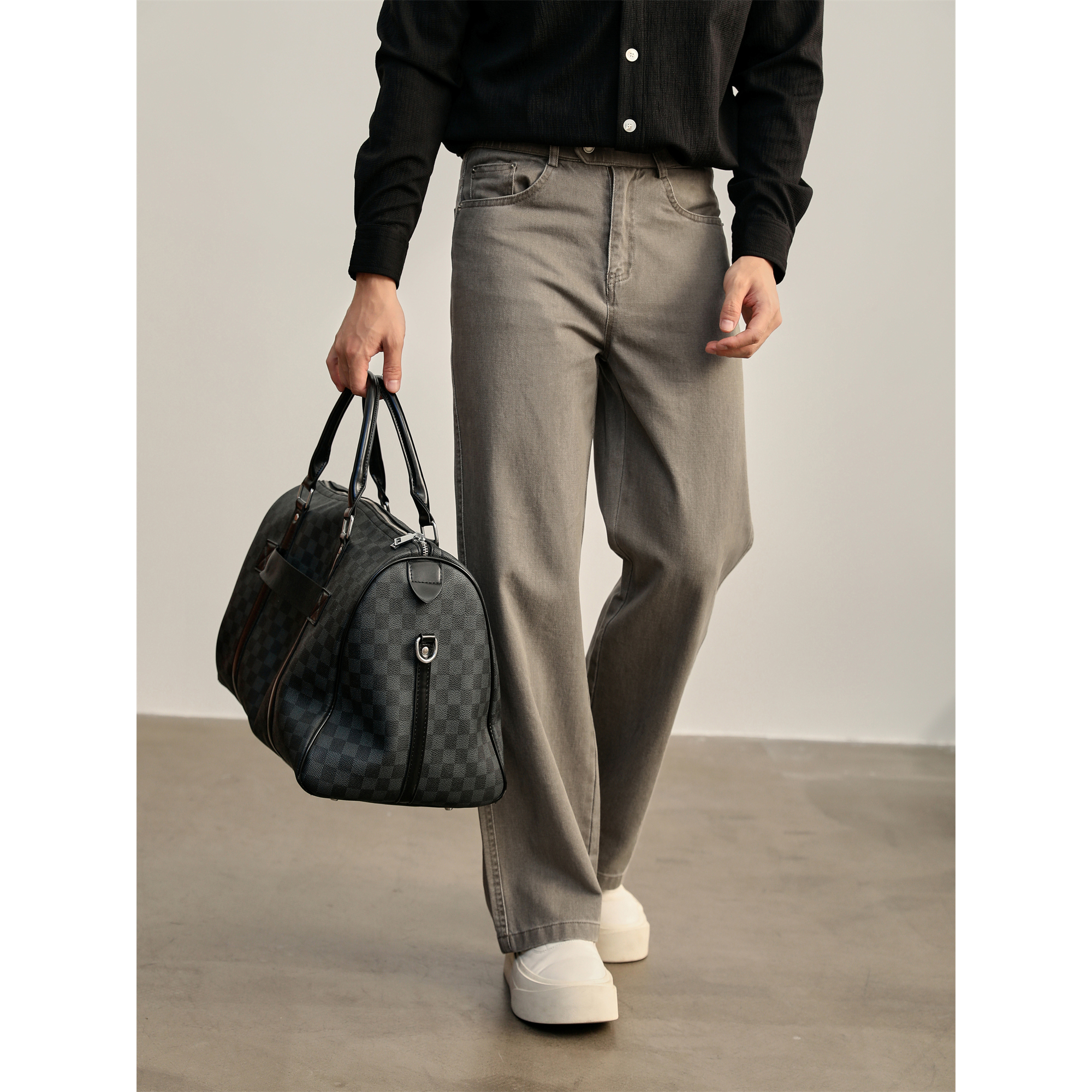 LUUD 立体裁剪纯棉复古个性牛仔裤男士时尚都市半松紧腰阔腿长裤