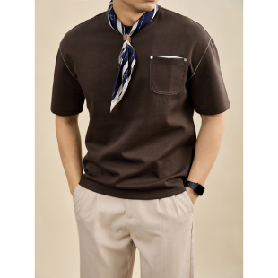 撞色铆钉辑明线贴袋装 极简风短袖 饰圆领T恤衫 时尚 上衣 男夏季 LUUD