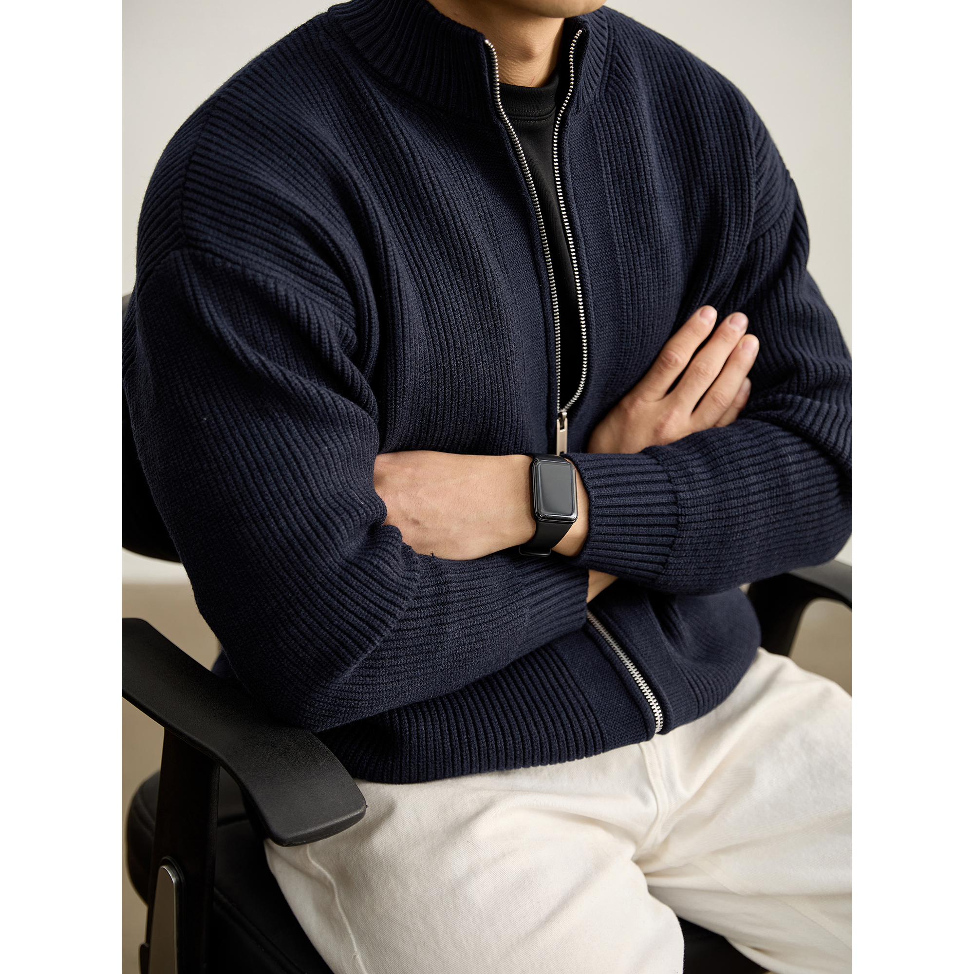 LUUD 重磅850g加厚保暖拉链立领针织开衫男士冬季都市通勤感毛衣