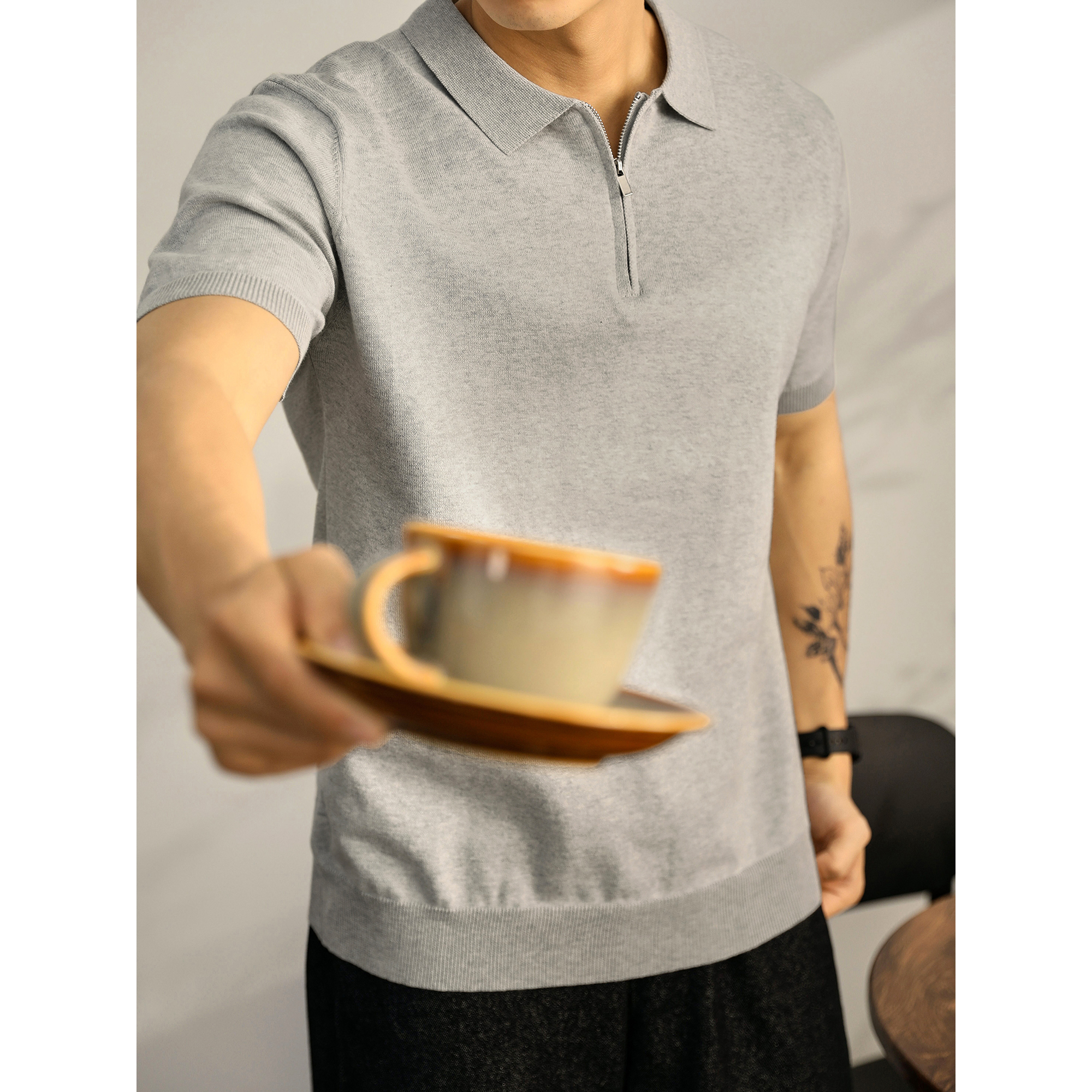 LUUD 都市轻熟风半拉链Polo衫男士夏季简约净色修身针织保罗衫
