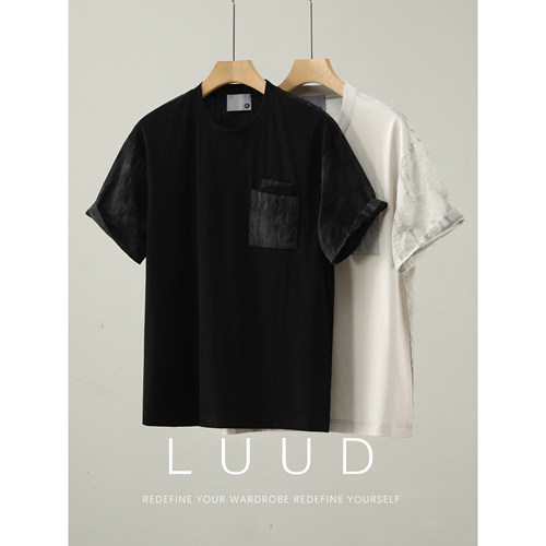 LUUD 解构分割莱赛尔拼料贴布口袋短袖上衣男夏时尚国风圆领T恤衫