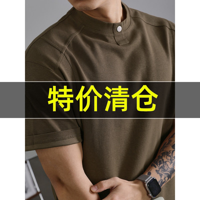 特价 潮牌设计感铆钉装饰圆领短袖T恤男款夏季小领口休闲体恤上衣