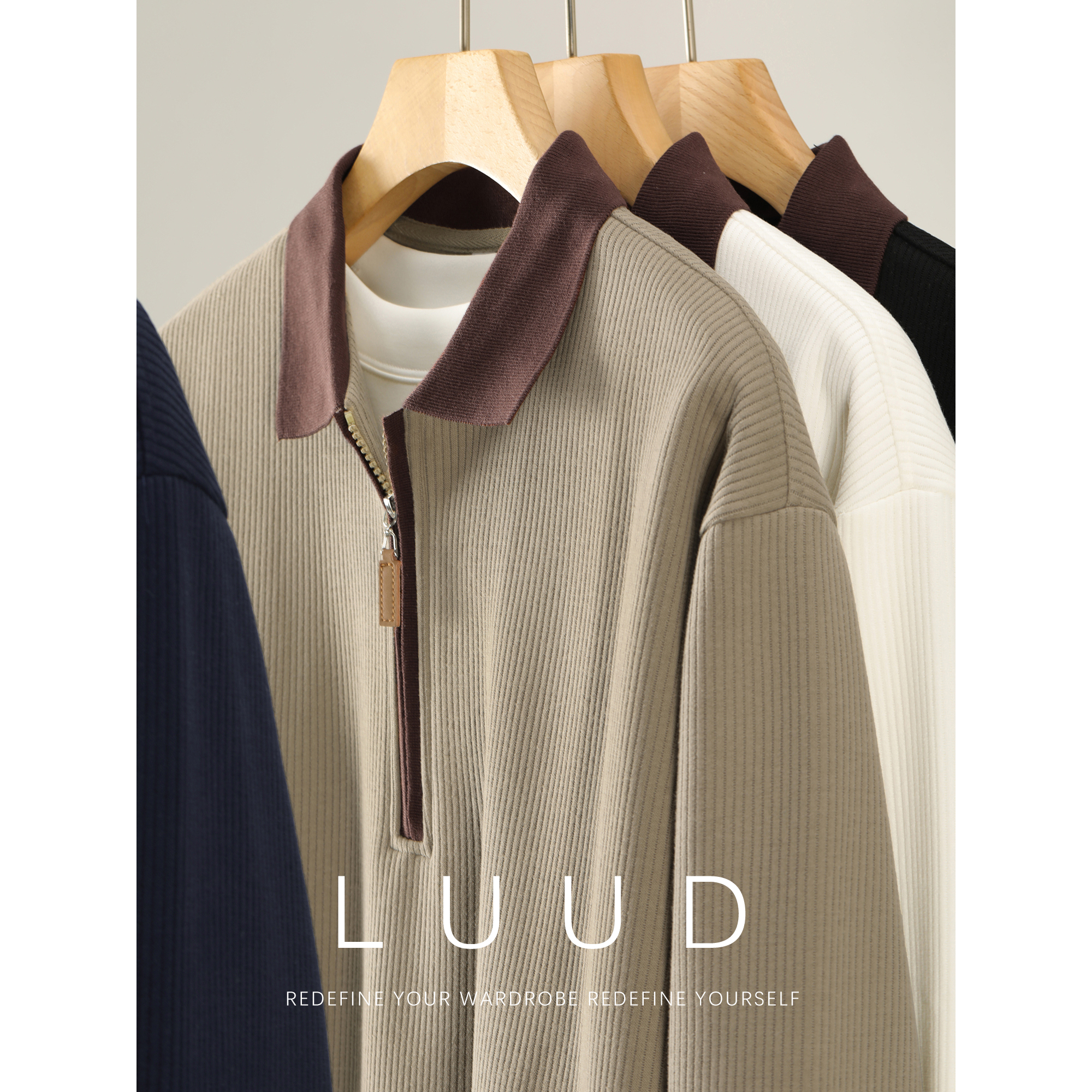 LUUD 高智感知识分子撞色半拉链翻领上衣男秋冬竖纹肌理针织卫衣